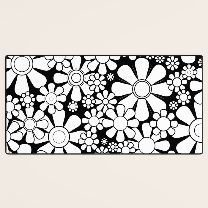 Black and White Retro Garden 60s 70s Flower Pattern Desk Mat Gallery Image 3