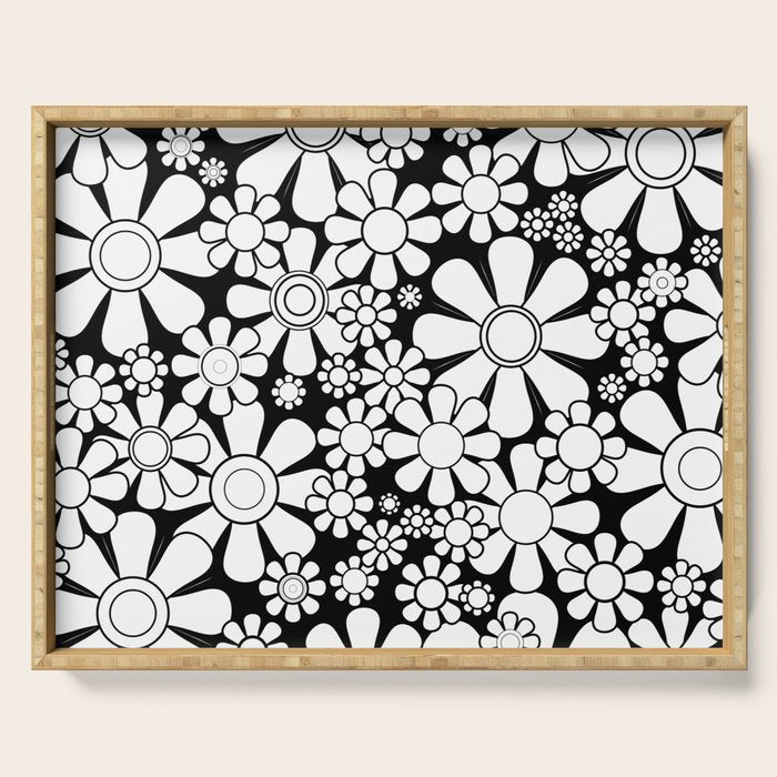 Black and White Retro Garden 60s 70s Flower Pattern Serving Tray Gallery Image 1