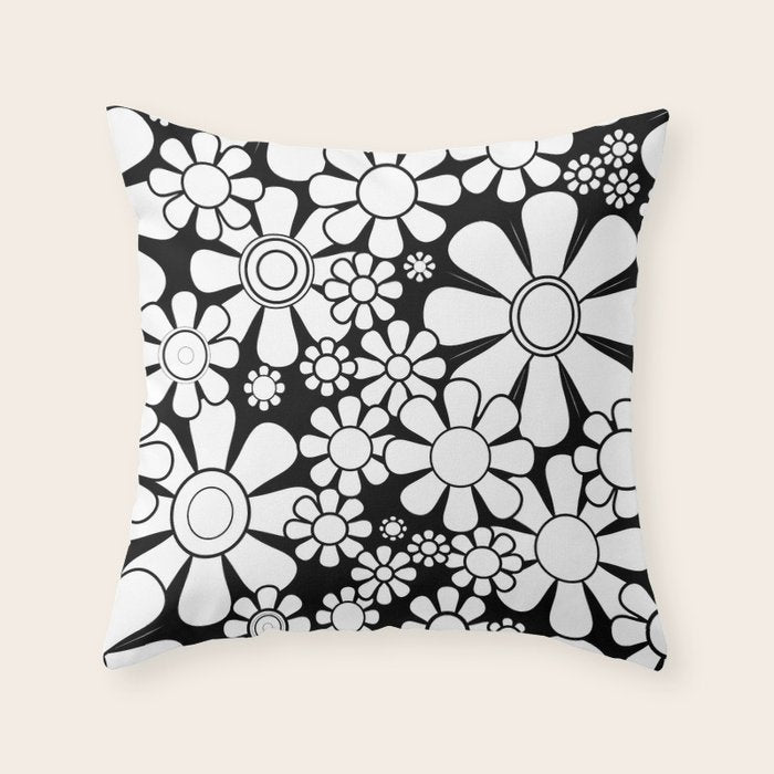 Black and White Retro Garden 60s 70s Flower Pattern Throw Pillow Gallery Image 6