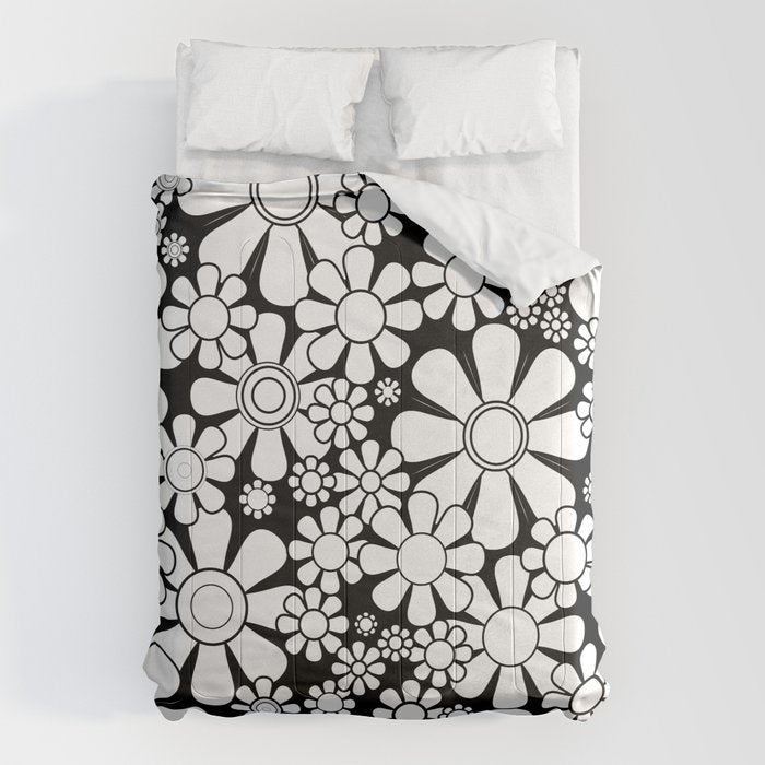 Black and White Retro Garden 60s 70s Flower Pattern Comforter Gallery Image 1