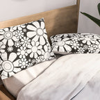 Black and White Retro Garden 60s 70s Flower Pattern Pillow Sham Gallery Image 2