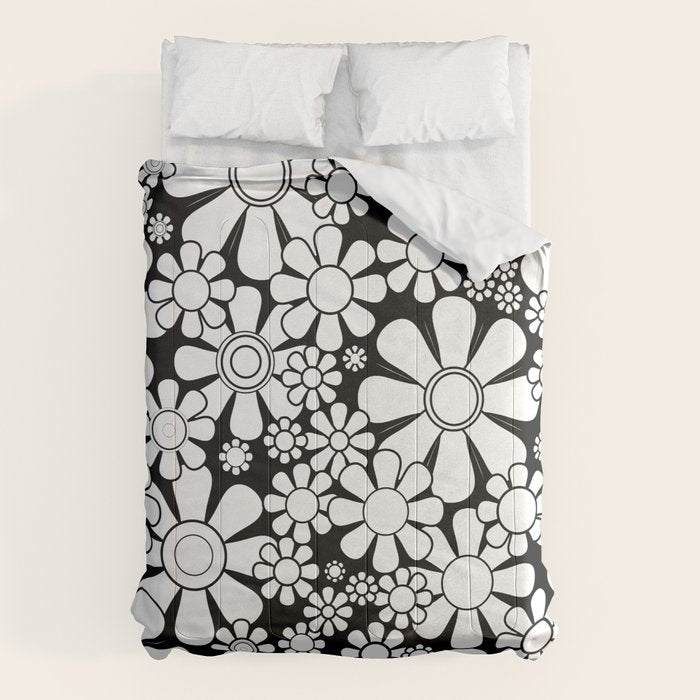 Black and White Retro Garden 60s 70s Flower Pattern Comforter Gallery Image 1