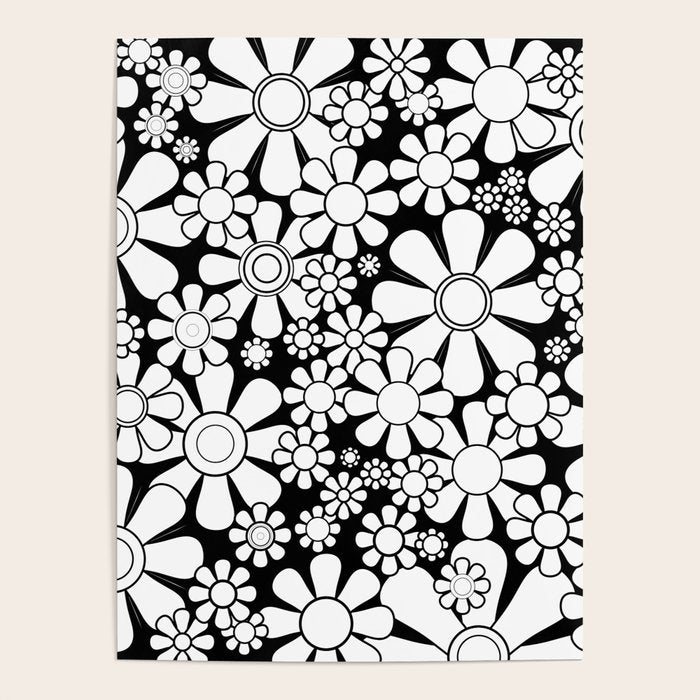 Black and White Retro Garden 60s 70s Flower Pattern Poster Gallery Image 1