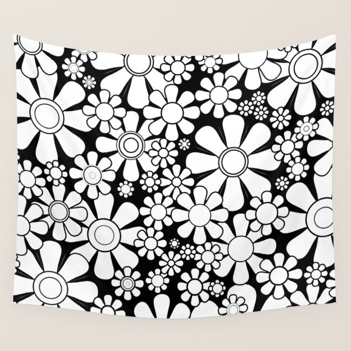 Black and White Retro Garden 60s 70s Flower Pattern Wall Tapestry Gallery Image 4
