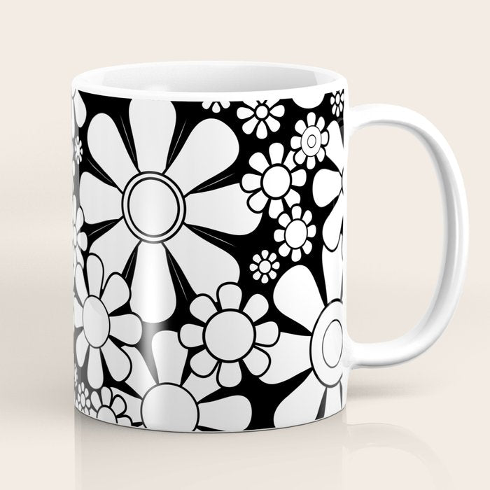 Black and White Retro Garden 60s 70s Flower Pattern Coffee Mug Gallery Image 1