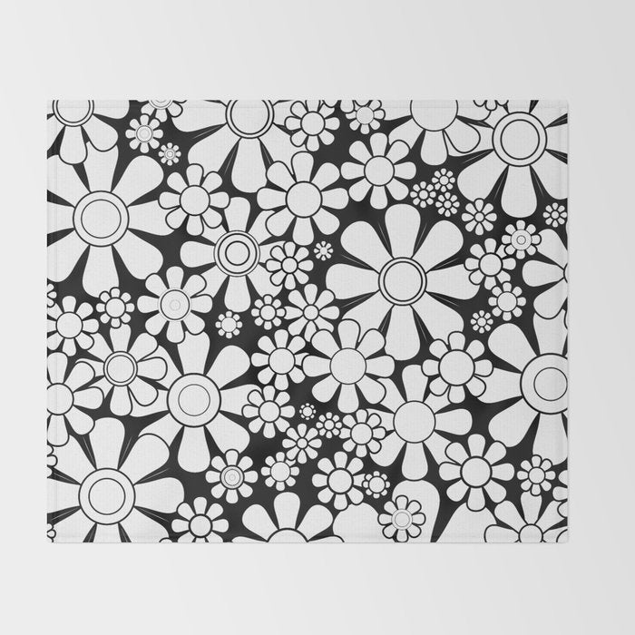 Black and White Retro Garden 60s 70s Flower Pattern Throw Blanket Gallery Image 2