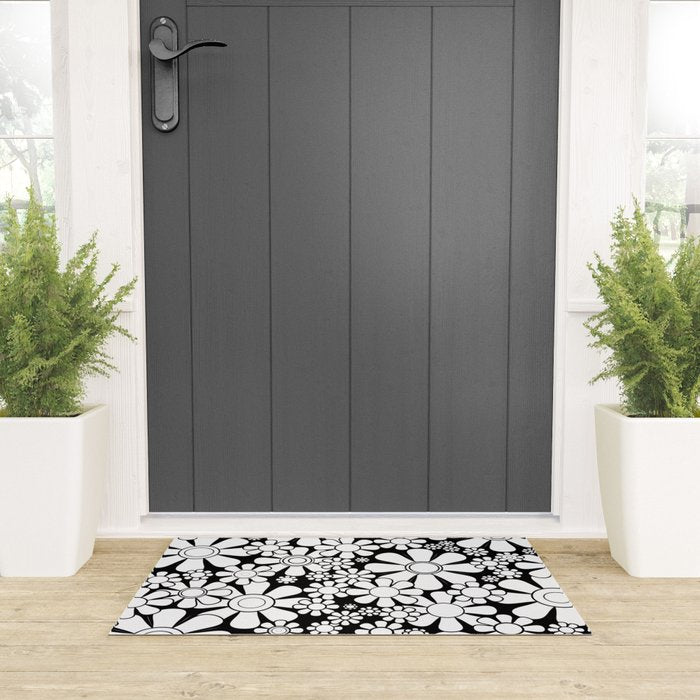 Black and White Retro Garden 60s 70s Flower Pattern Welcome Mat Gallery Image 3