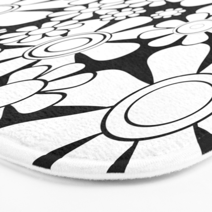 Black and White Retro Garden 60s 70s Flower Pattern Bath Mat Gallery Image 3