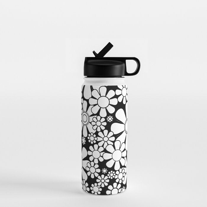 Black and White Retro Garden 60s 70s Flower Pattern Water Bottle Gallery Image 1