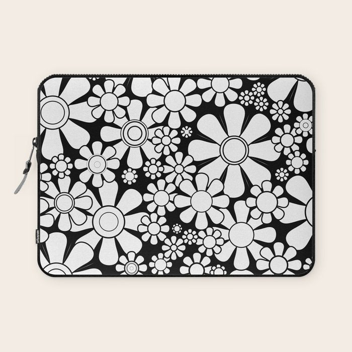 Black and White Retro Garden 60s 70s Flower Pattern Laptop Sleeve Gallery Image 1