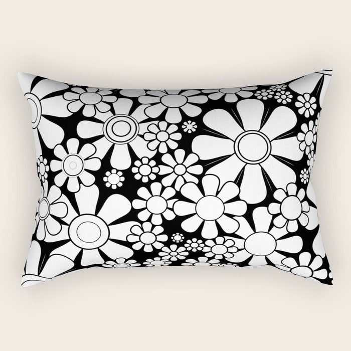 Black and White Retro Garden 60s 70s Flower Pattern Rectangular Pillow Gallery Image 2