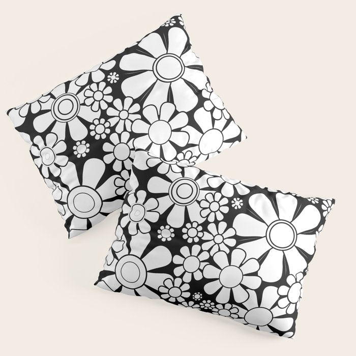 Black and White Retro Garden 60s 70s Flower Pattern Pillow Sham Gallery Image 3
