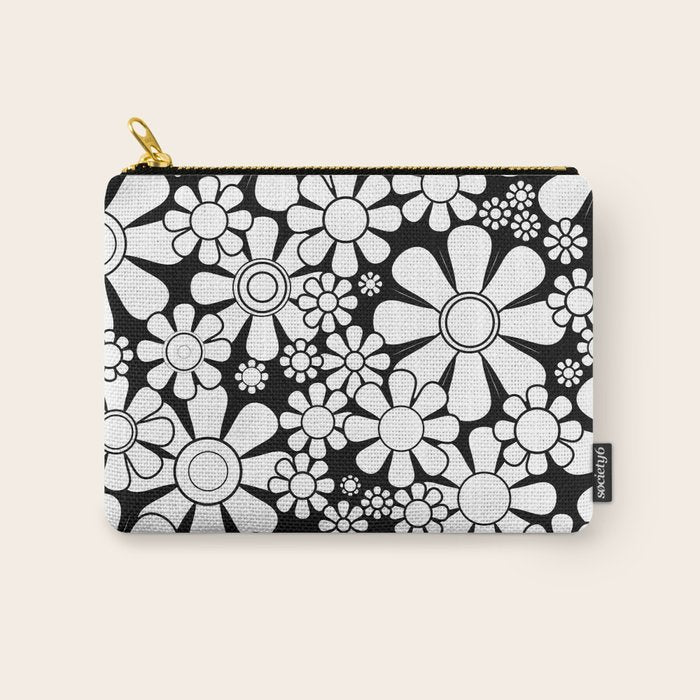 Black and White Retro Garden 60s 70s Flower Pattern Carry All Pouch Gallery Image 1