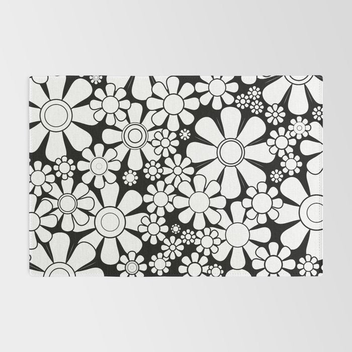Black and White Retro Garden 60s 70s Flower Pattern Rug Gallery Image 2