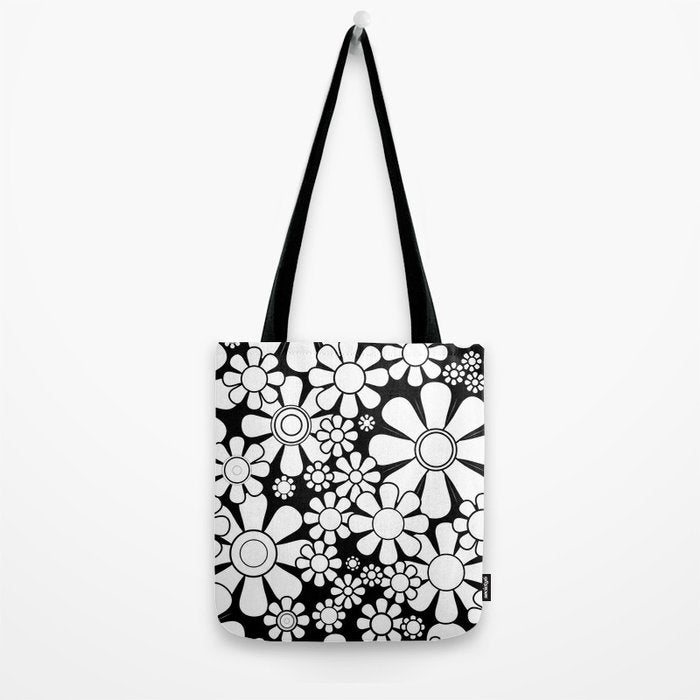 Black and White Retro Garden 60s 70s Flower Pattern Tote Bag Gallery Image 2