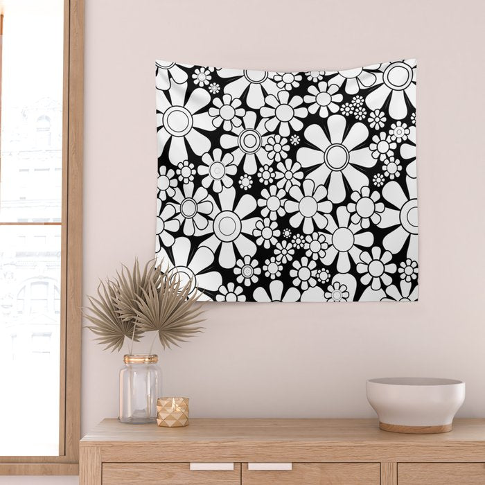 Black and White Retro Garden 60s 70s Flower Pattern Wall Tapestry Gallery Image 2