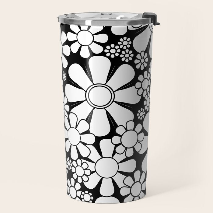 Black and White Retro Garden 60s 70s Flower Pattern Travel Mug Gallery Image 2