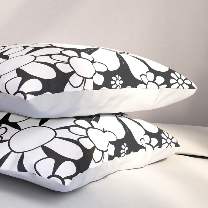 Black and White Retro Garden 60s 70s Flower Pattern Pillow Sham Gallery Image 3
