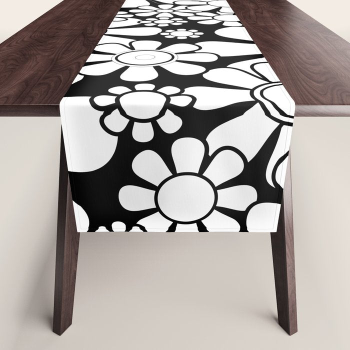 Black and White Retro Garden 60s 70s Flower Pattern Table Runner Gallery Image 1