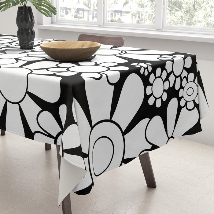Black and White Retro Garden 60s 70s Flower Pattern Tablecloth Gallery Image 3