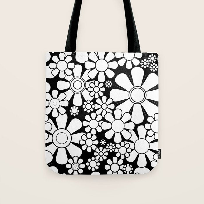 Black and White Retro Garden 60s 70s Flower Pattern Tote Bag Gallery Image 1