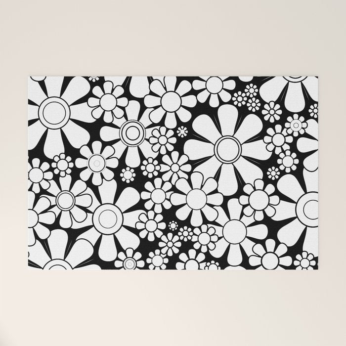 Black and White Retro Garden 60s 70s Flower Pattern Welcome Mat Gallery Image 1