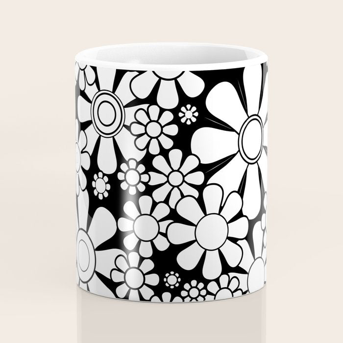 Black and White Retro Garden 60s 70s Flower Pattern Coffee Mug Gallery Image 4