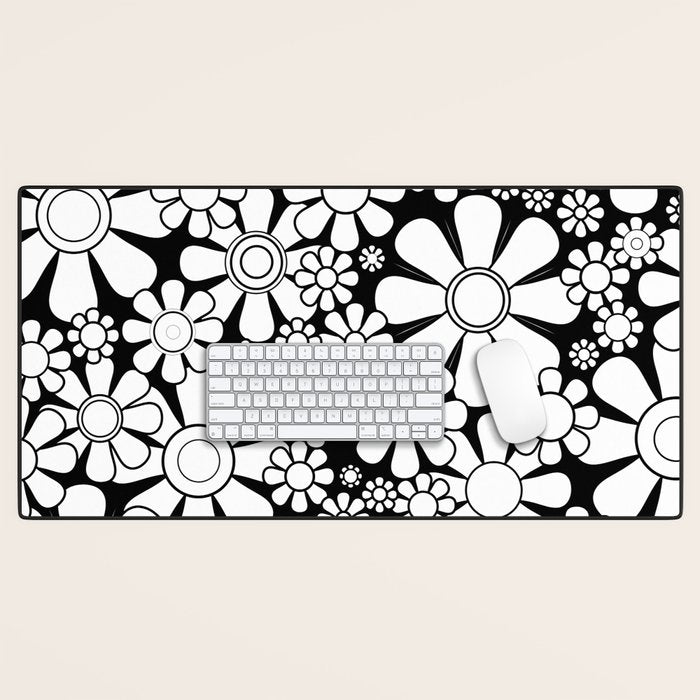 Black and White Retro Garden 60s 70s Flower Pattern Desk Mat Gallery Image 1