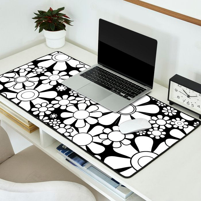 Black and White Retro Garden 60s 70s Flower Pattern Desk Mat Gallery Image 2