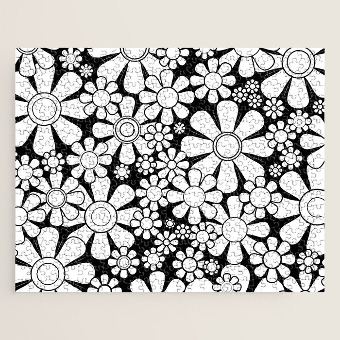 Black and White Retro Garden 60s 70s Flower Pattern Jigsaw Puzzle Gallery Image 1