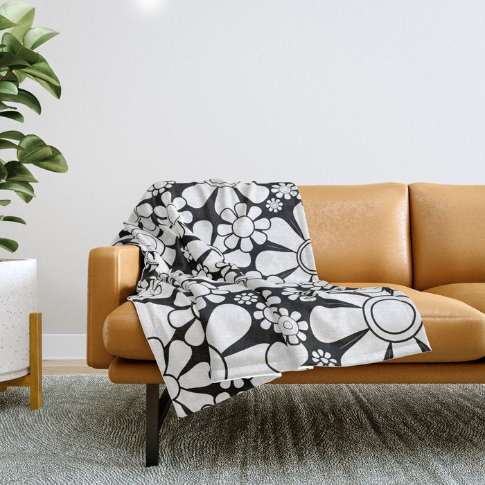 Black and White Retro Garden 60s 70s Flower Pattern Throw Blanket Gallery Image 1