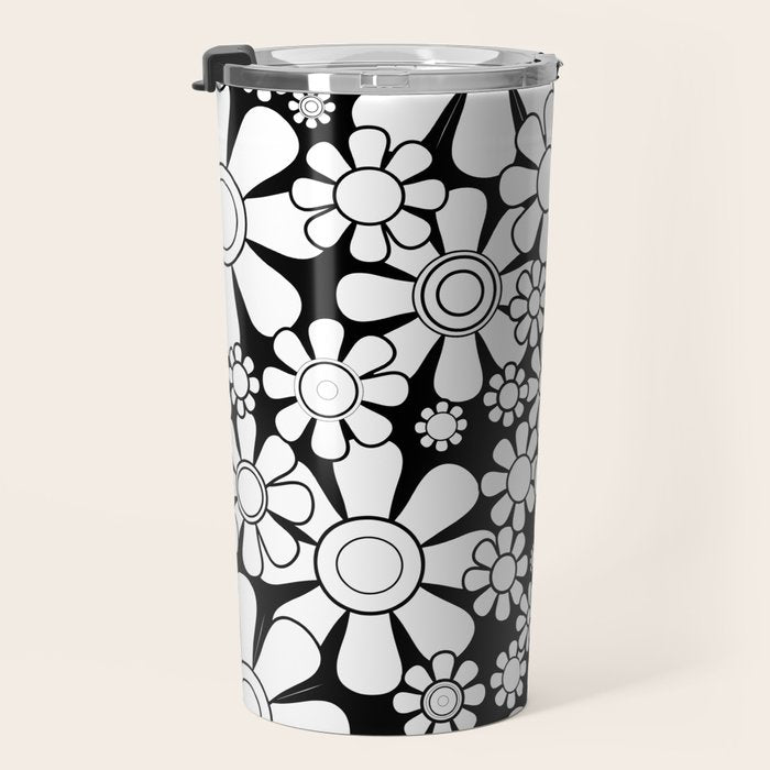Black and White Retro Garden 60s 70s Flower Pattern Travel Mug Gallery Image 3
