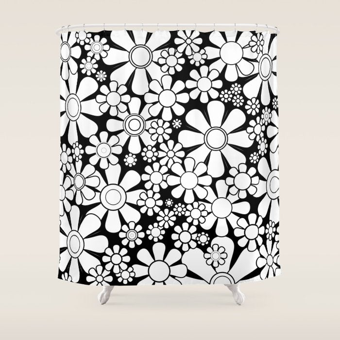 Black and White Retro Garden 60s 70s Flower Pattern Shower Curtain Gallery Image 1