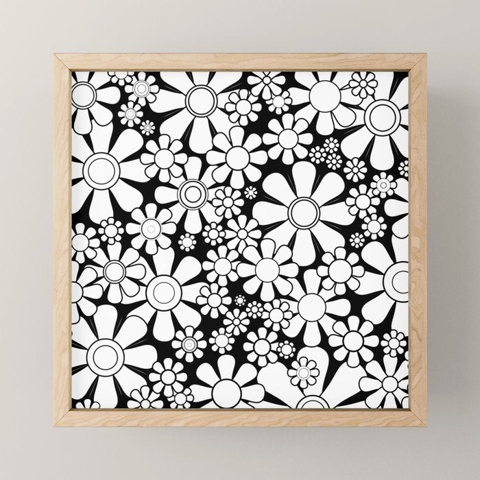 Black and White Retro Garden 60s 70s Flower Pattern Mini Art Print Gallery Image 1