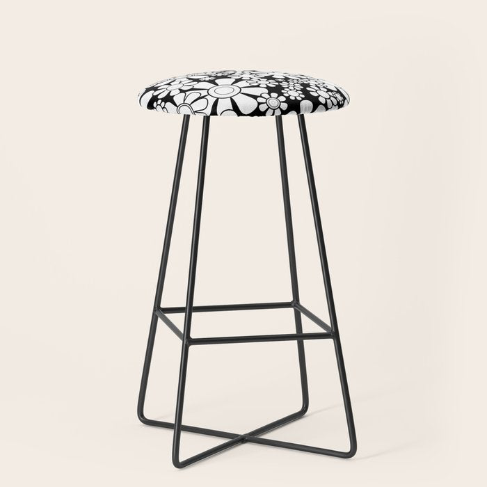 Black and White Retro Garden 60s 70s Flower Pattern Stool Gallery Image 1