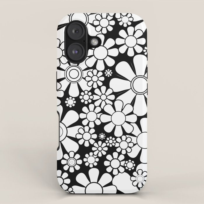 Black and White Retro Garden 60s 70s Flower Pattern iPhone Case Gallery Image 1