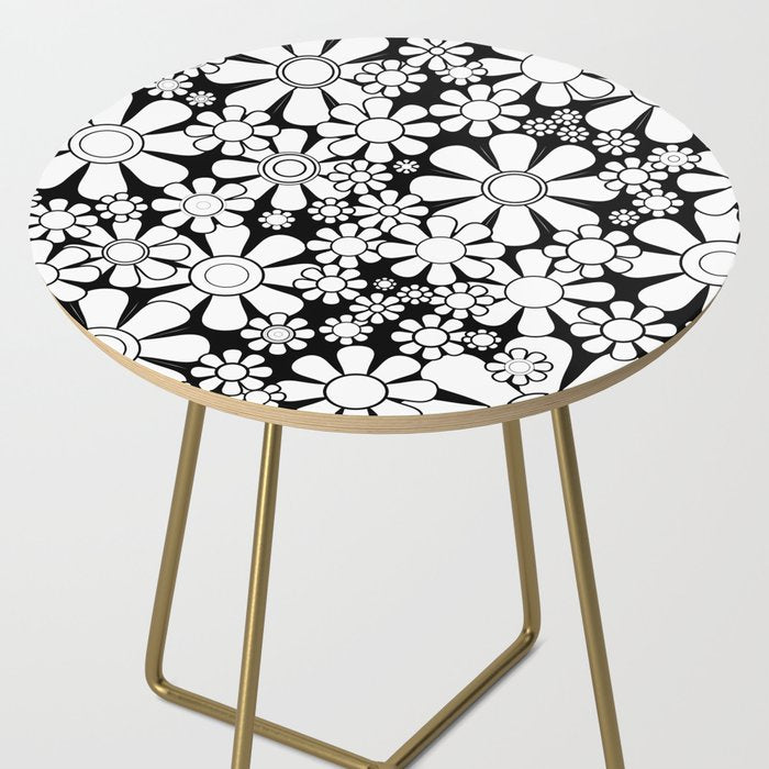 Black and White Retro Garden 60s 70s Flower Pattern Side Table Gallery Image 2
