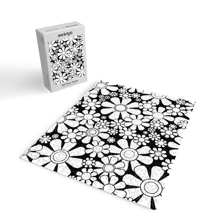 Black and White Retro Garden 60s 70s Flower Pattern Jigsaw Puzzle Gallery Image 2