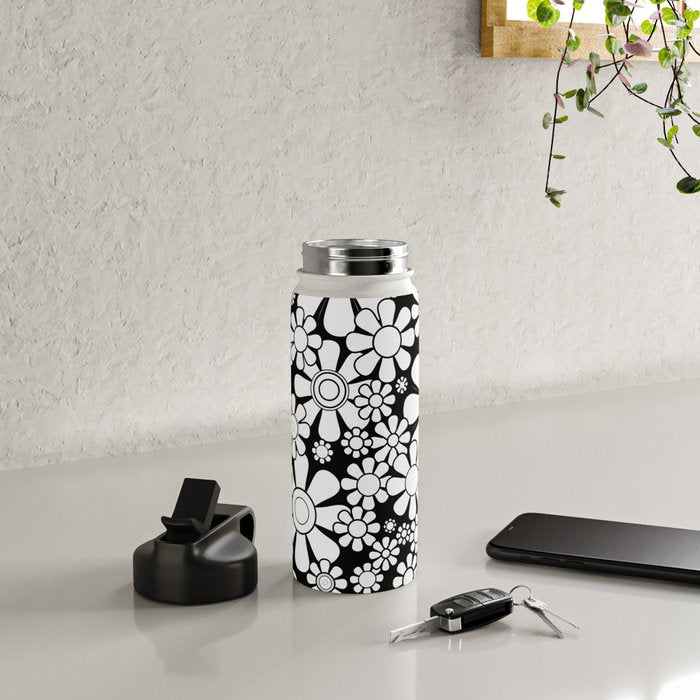 Black and White Retro Garden 60s 70s Flower Pattern Water Bottle Gallery Image 4