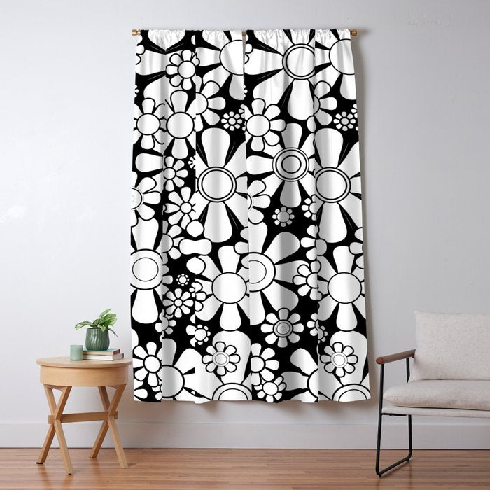 Black and White Retro Garden 60s 70s Flower Pattern Window Curtain Gallery Image 5