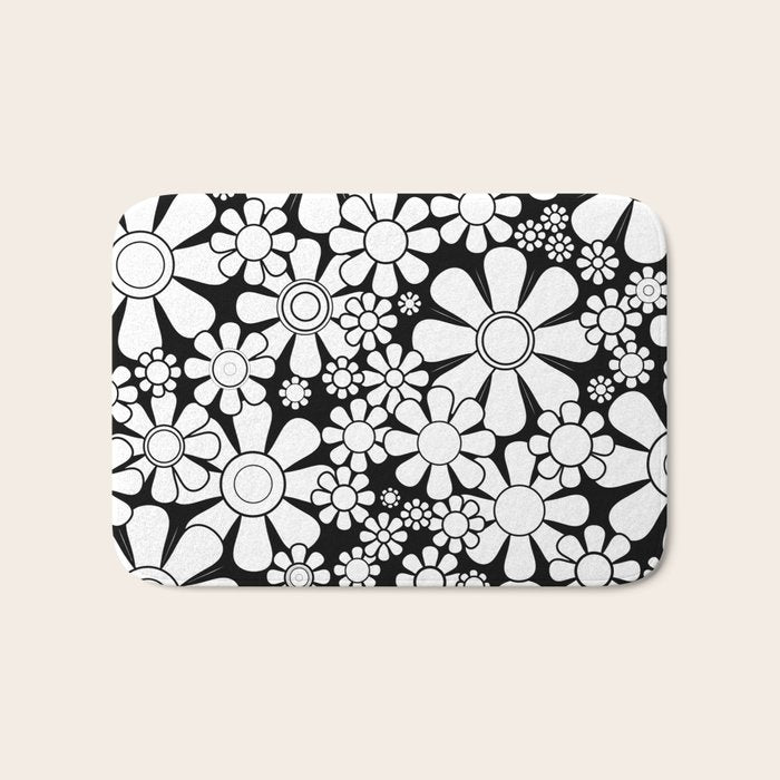 Black and White Retro Garden 60s 70s Flower Pattern Bath Mat Gallery Image 1