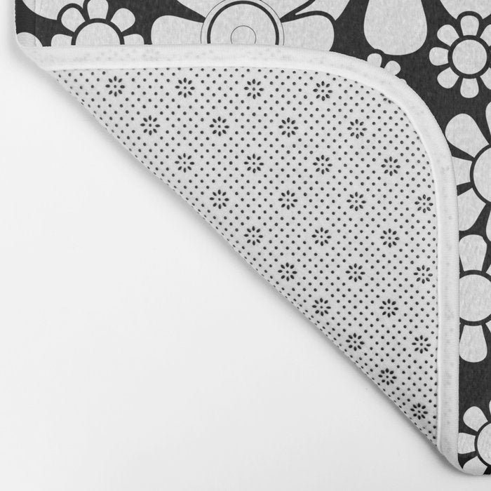 Black and White Retro Garden 60s 70s Flower Pattern Bath Mat Gallery Image 2
