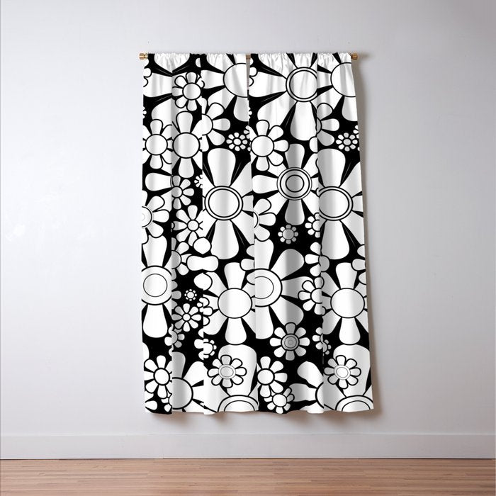 Black and White Retro Garden 60s 70s Flower Pattern Window Curtain Gallery Image 3