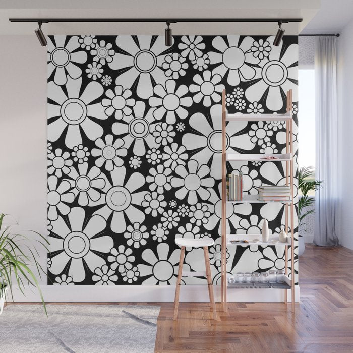 Black and White Retro Garden 60s 70s Flower Pattern Wall Mural Gallery Image 1