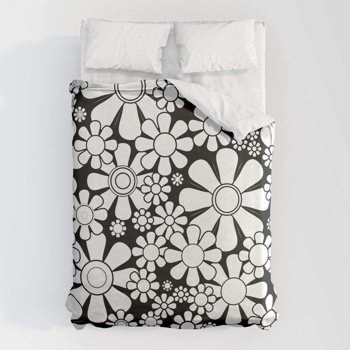 Black and White Retro Garden 60s 70s Flower Pattern Duvet Cover Gallery Image 6