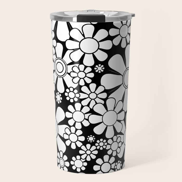 Black and White Retro Garden 60s 70s Flower Pattern Travel Mug Gallery Image 1