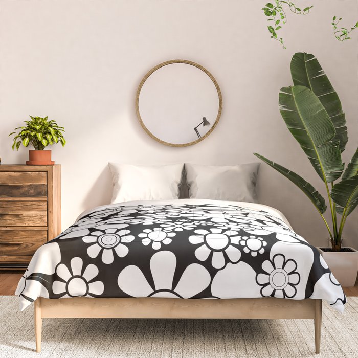 Black and White Retro Garden 60s 70s Flower Pattern Comforter Gallery Image 3