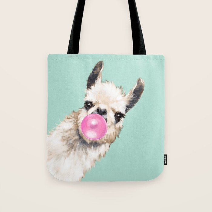Bubble Gum Sneaky Llama in Green Tote Bag Gallery Image 1