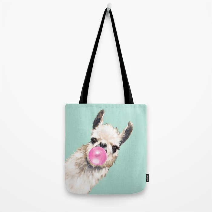 Bubble Gum Sneaky Llama in Green Tote Bag Gallery Image 2