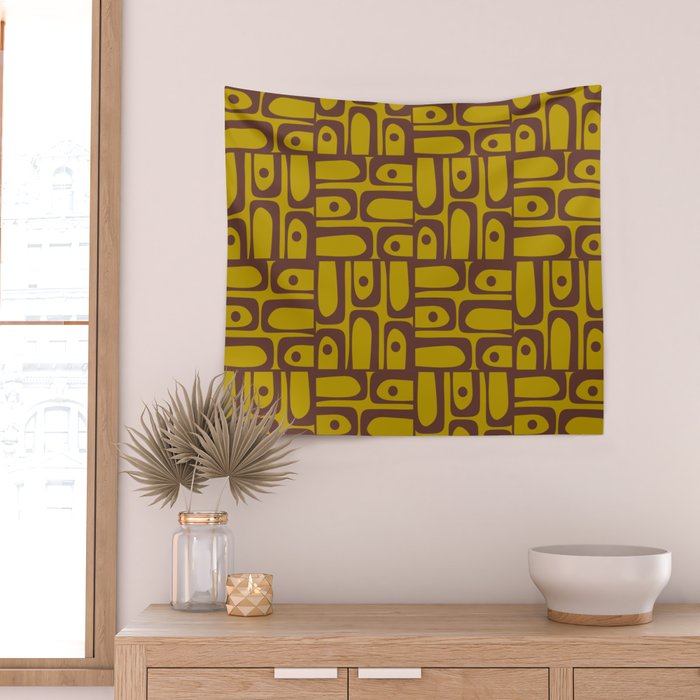 Eclectic Mid Century Modern Piquet Multi Pattern in Chartreuse Olive and Brown Wall Tapestry Gallery Image 2